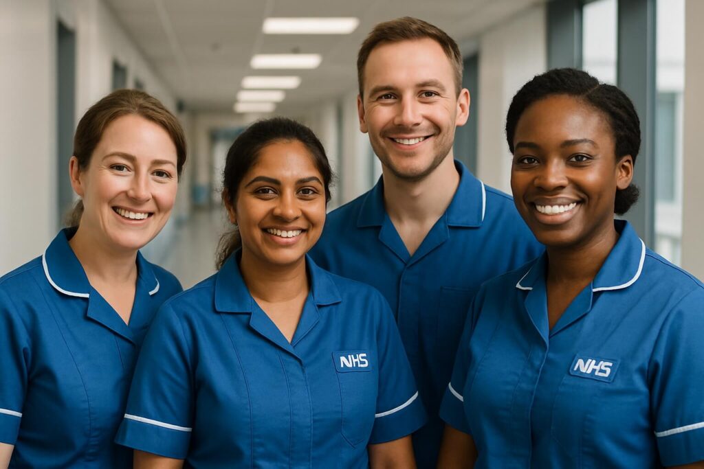 A portrait of 4 NHS nurses. 3 woman, 1 caucasian, 1 Indian and 1 African along with a male nurse of Eastern European decent
