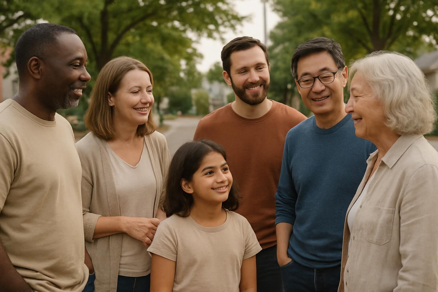 A group of people of different ethnic backgrounds chatting and laughing.