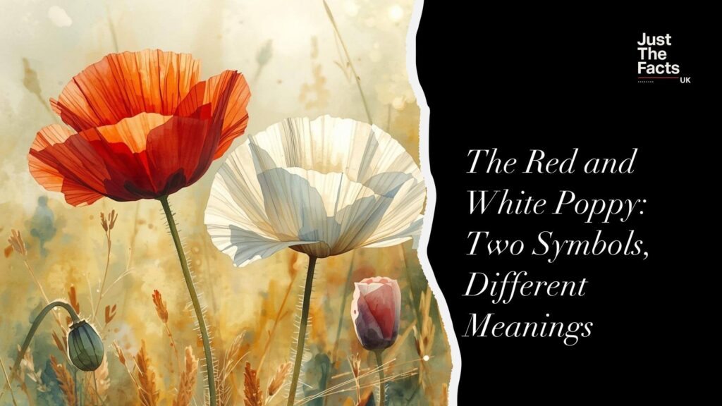 The Red and White Poppy: Two Symbols, Different Meanings blog banner image showing a red and a white poppy side by side in a field as an oil painting